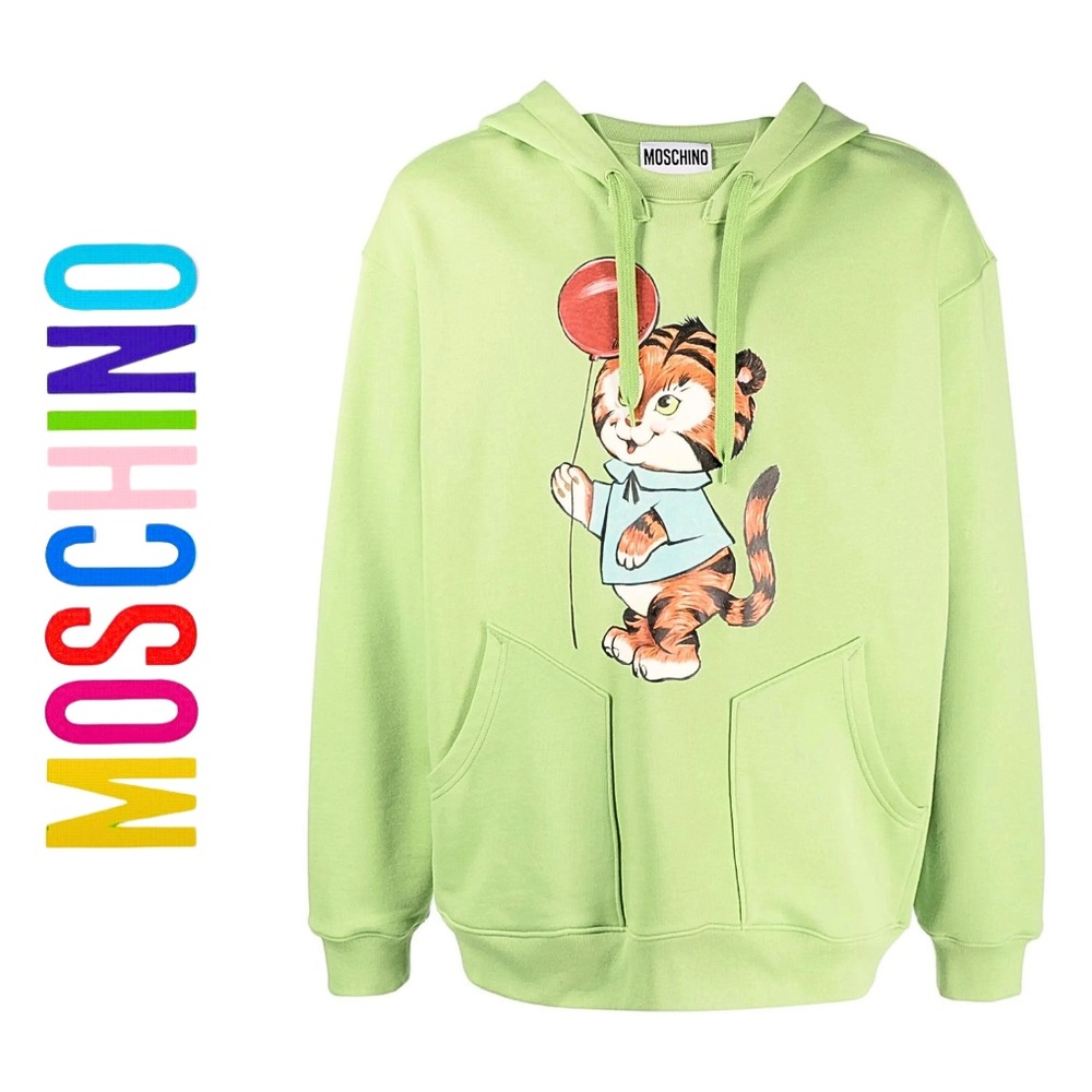Moschino Bright Green Tiger Graphic Hoodie With Drawstring Hood, Organic Cotton
